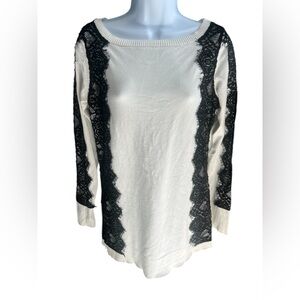 Boston Proper Cream Black Lace Detail Long Sleeve Sweater S